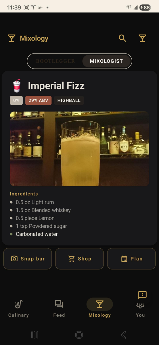 Mixology Mixologist mode with photographed Imperial Fizz cocktail in a highball glass